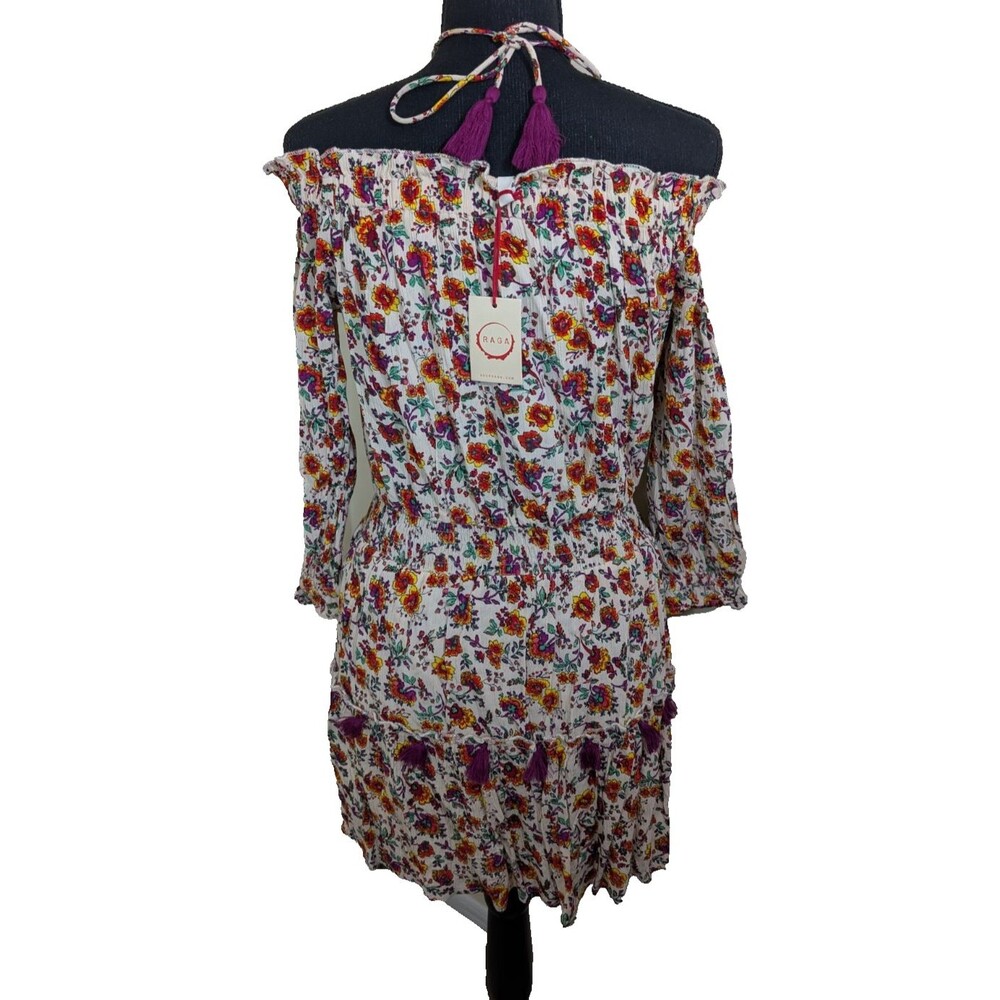 Raga Mini Tunic Dress Floral Tassel Shirred Bohemian Off Shoulder Size Small - Picture 2 of 11